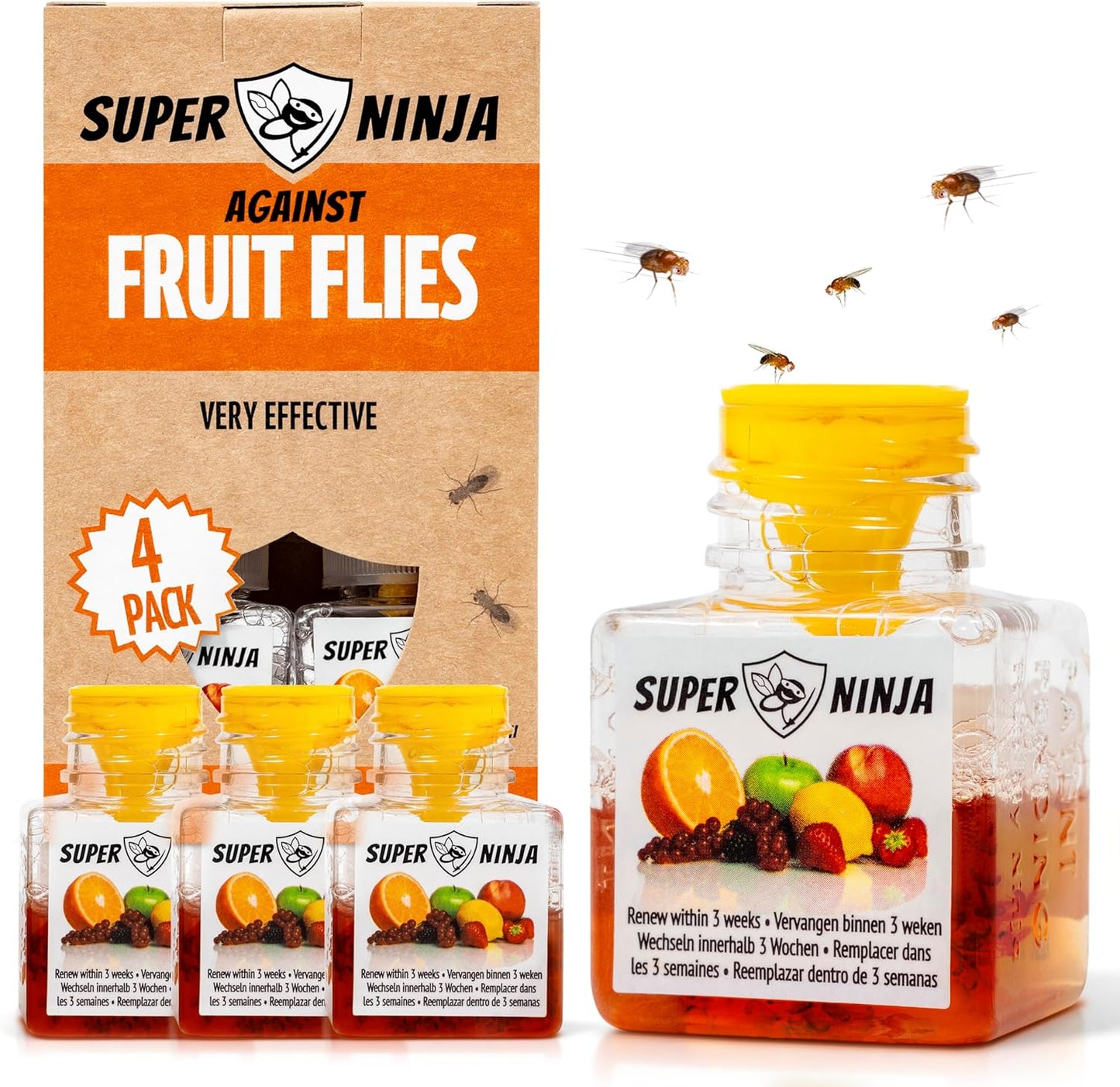 Super Ninja Fruit Fly Trap - 4 pack, Highly Effective Fruit Fly Killer for Home & Kitchen