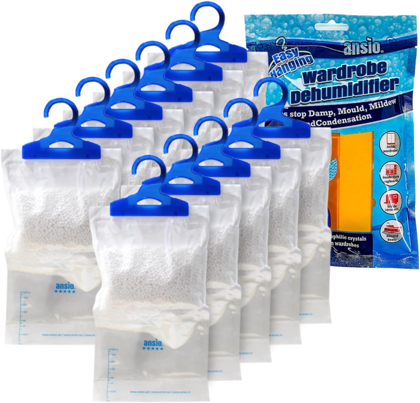 ANSIO Wardrobe Dehumidifier Hanging Bags Pack of 12 Moisture Absorbers, Trap, Condensation
