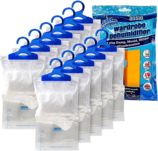 ANSIO Wardrobe Dehumidifier Hanging Bags Pack of 12 Moisture Absorbers, Trap, Condensation