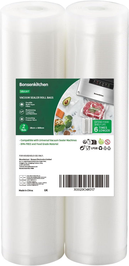 Bonsenkitchen Vacuum Sealer Rolls Bags, 2 Packs 28 cm x 600 cm Storage Bags (Total 12 m), BPA Free