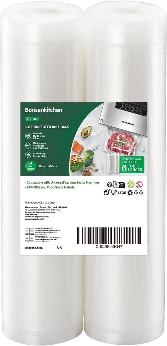 Bonsenkitchen Vacuum Sealer Rolls Bags, 2 Packs 28 cm x 600 cm Storage Bags (Total 12 m), BPA Free
