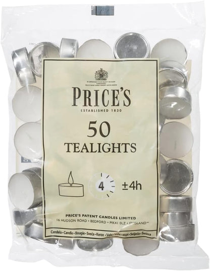 Prices Patent Candles White Tealights Bag, Pack of 50, Wax, l x 3.8cm w x 1.8cm h, Unscented