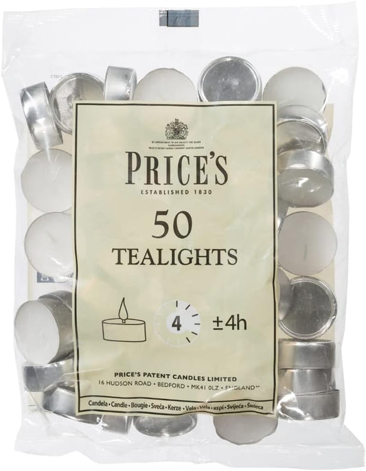Prices Patent Candles White Tealights Bag, Pack of 50, Wax, l x 3.8cm w x 1.8cm h, Unscented