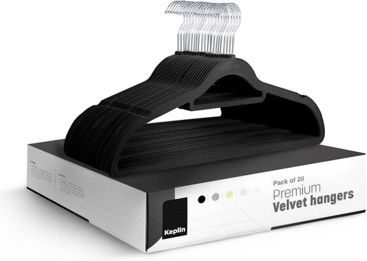 KEPLIN Velvet Hangers 20 Pack - Non-Slip Clothes Hangers with Tie Bar & 360° Hook