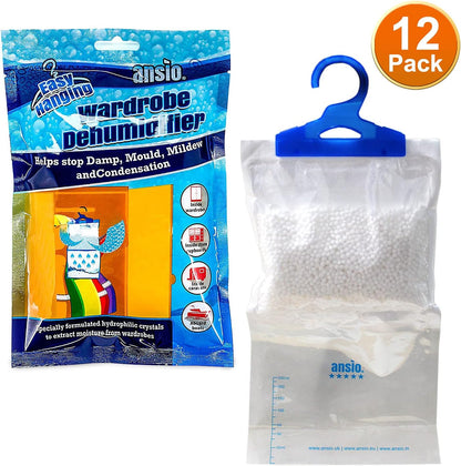 ANSIO Wardrobe Dehumidifier Hanging Bags Pack of 12 Moisture Absorbers, Trap, Condensation