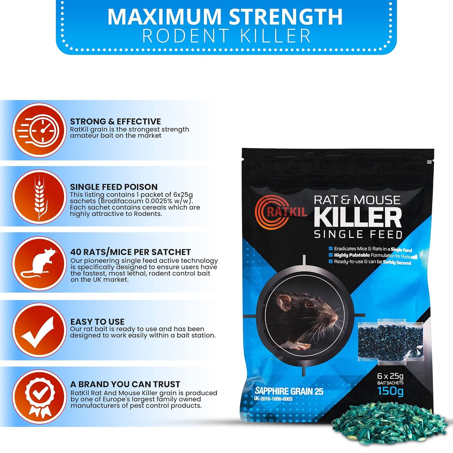 RatKil Rat Poison (6 x25g) Rat Bait & Mouse Poison Grain - Strongest Maximum Strength Rodent Killer