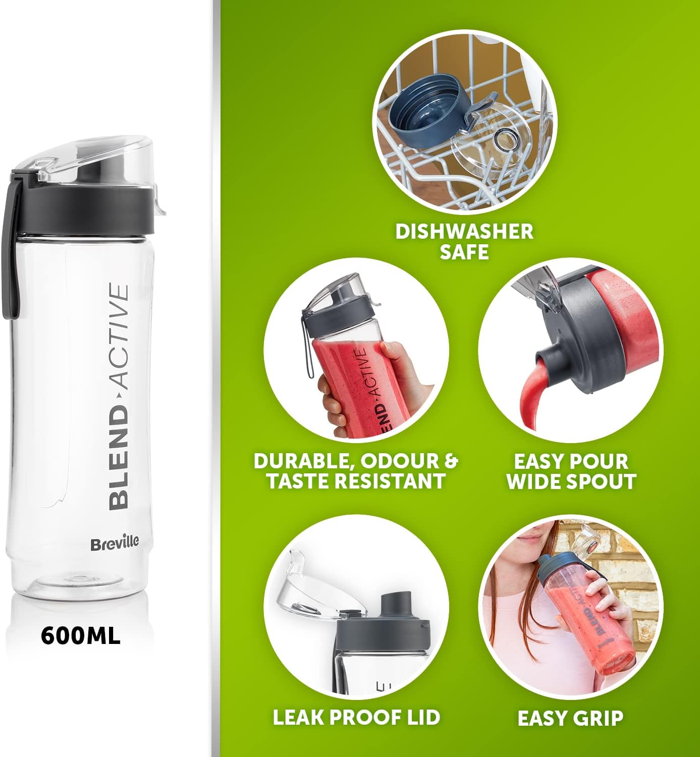 Breville Blend Active Bottle (600ml) | Clear Smoothie Bottle | Leak Proof | Grey Lid [VBL247]
