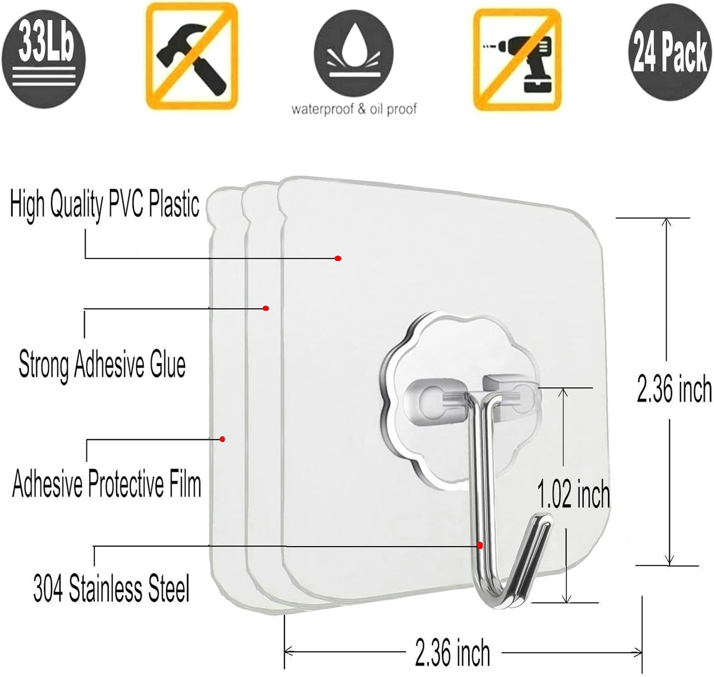 24 Pack Heavy Duty Self Adhesive Hooks - 33lb Max, Transparent, Waterproof