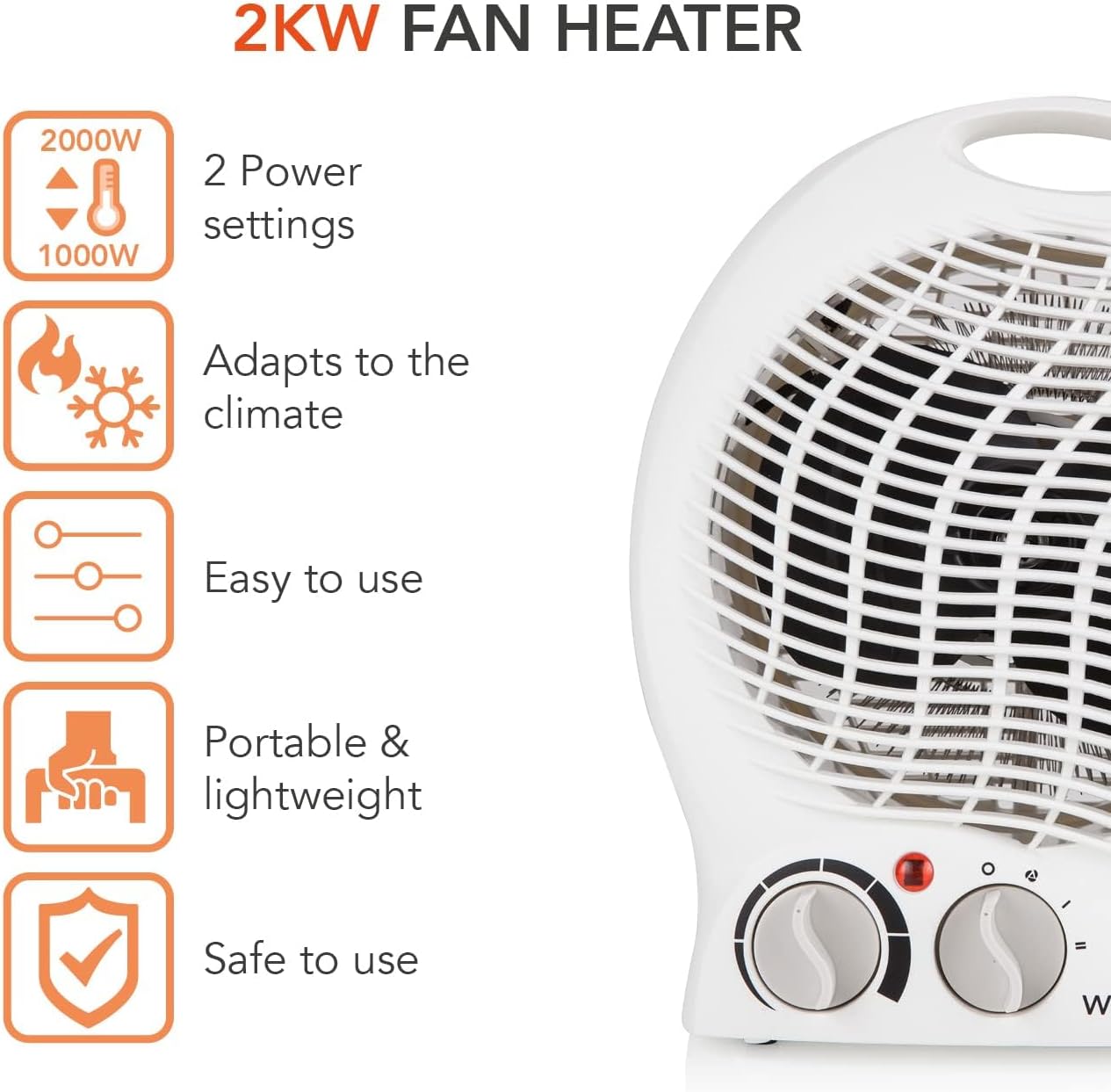 Warmlite WL44002 Thermo Fan Heater with 2 Heat Settings and Overheat Protection, 2000W, White