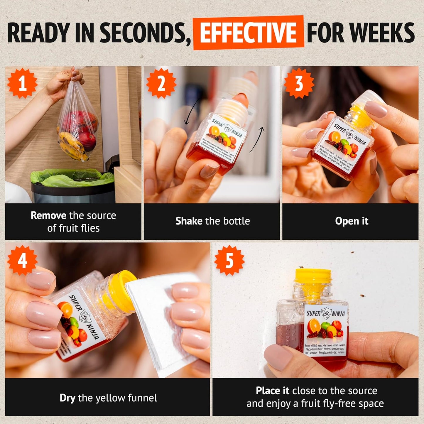 Super Ninja Fruit Fly Trap - 4 pack, Highly Effective Fruit Fly Killer for Home & Kitchen