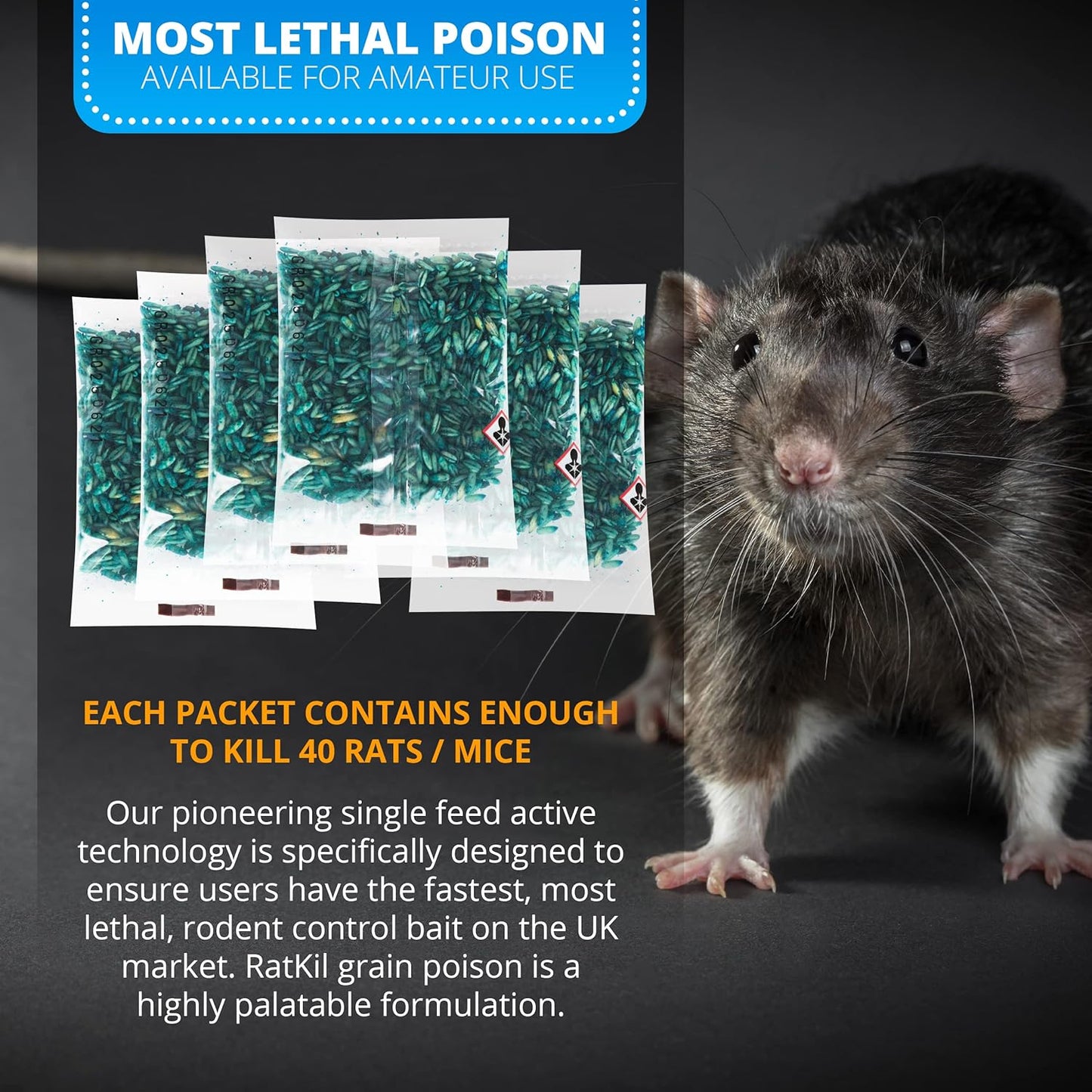 RatKil Rat Poison (6 x25g) Rat Bait & Mouse Poison Grain - Strongest Maximum Strength Rodent Killer