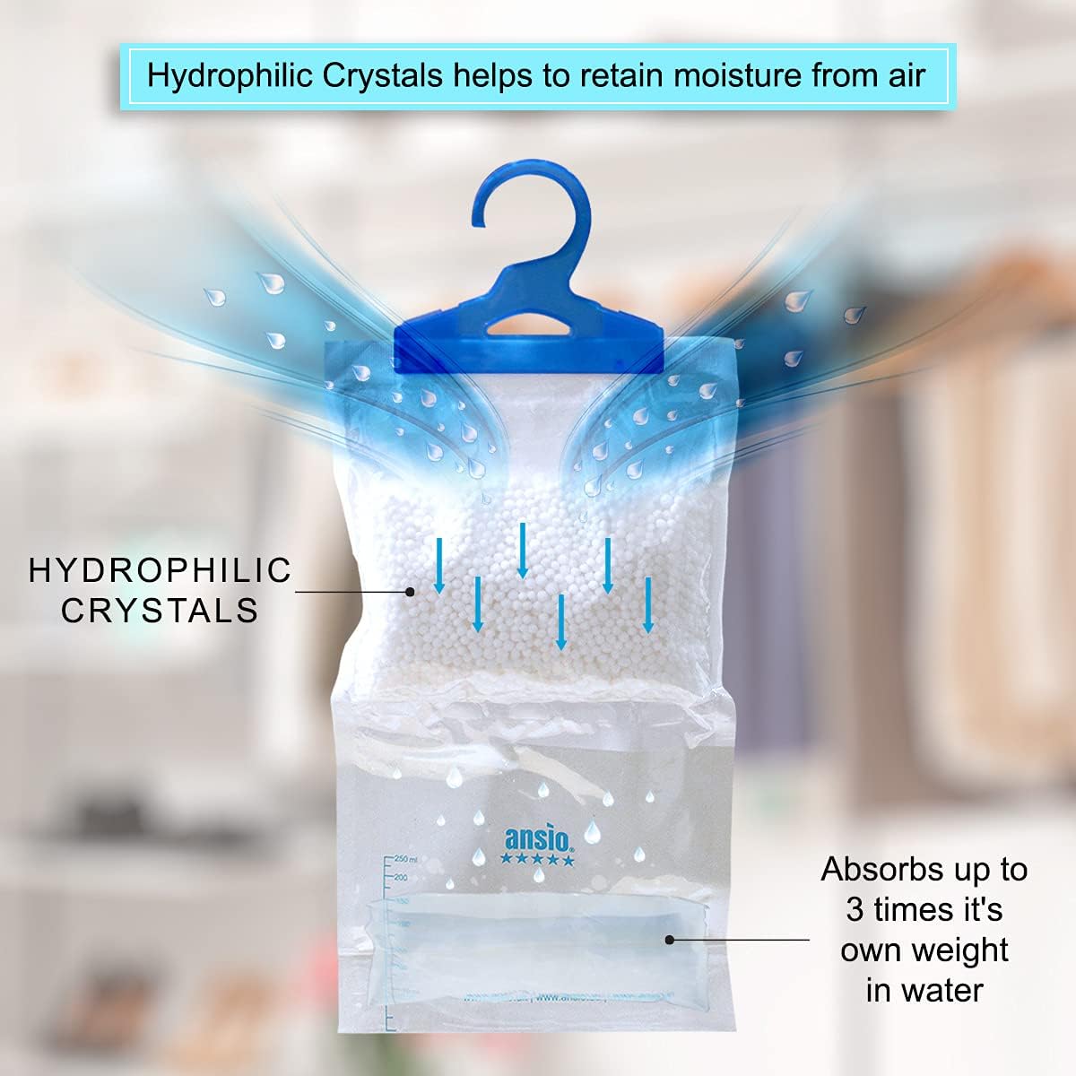 ANSIO Wardrobe Dehumidifier Hanging Bags Pack of 12 Moisture Absorbers, Trap, Condensation