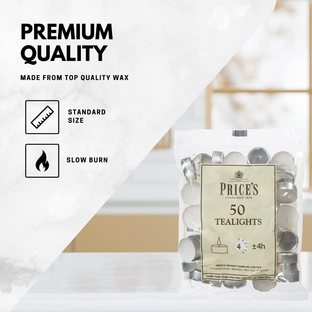 Prices Patent Candles White Tealights Bag, Pack of 50, Wax, l x 3.8cm w x 1.8cm h, Unscented