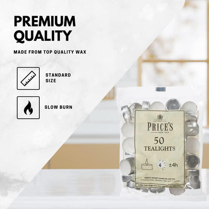 Prices Patent Candles White Tealights Bag, Pack of 50, Wax, l x 3.8cm w x 1.8cm h, Unscented