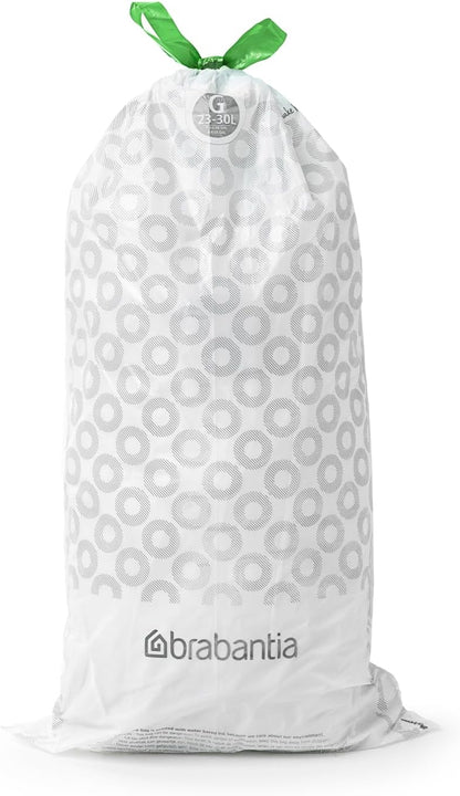 Brabantia PerfectFit Bin Liners (Size G/23-30 Litre) Thick Plastic Trash Bags with Tie Tape Drawstring Handles (40 Bags)