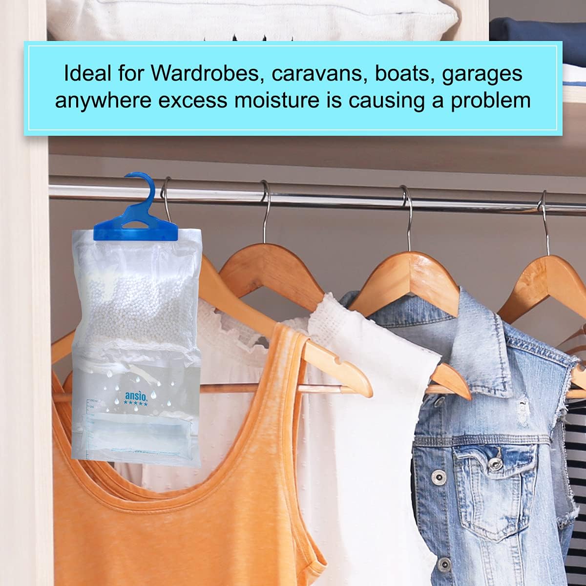 ANSIO Wardrobe Dehumidifier Hanging Bags Pack of 12 Moisture Absorbers, Trap, Condensation