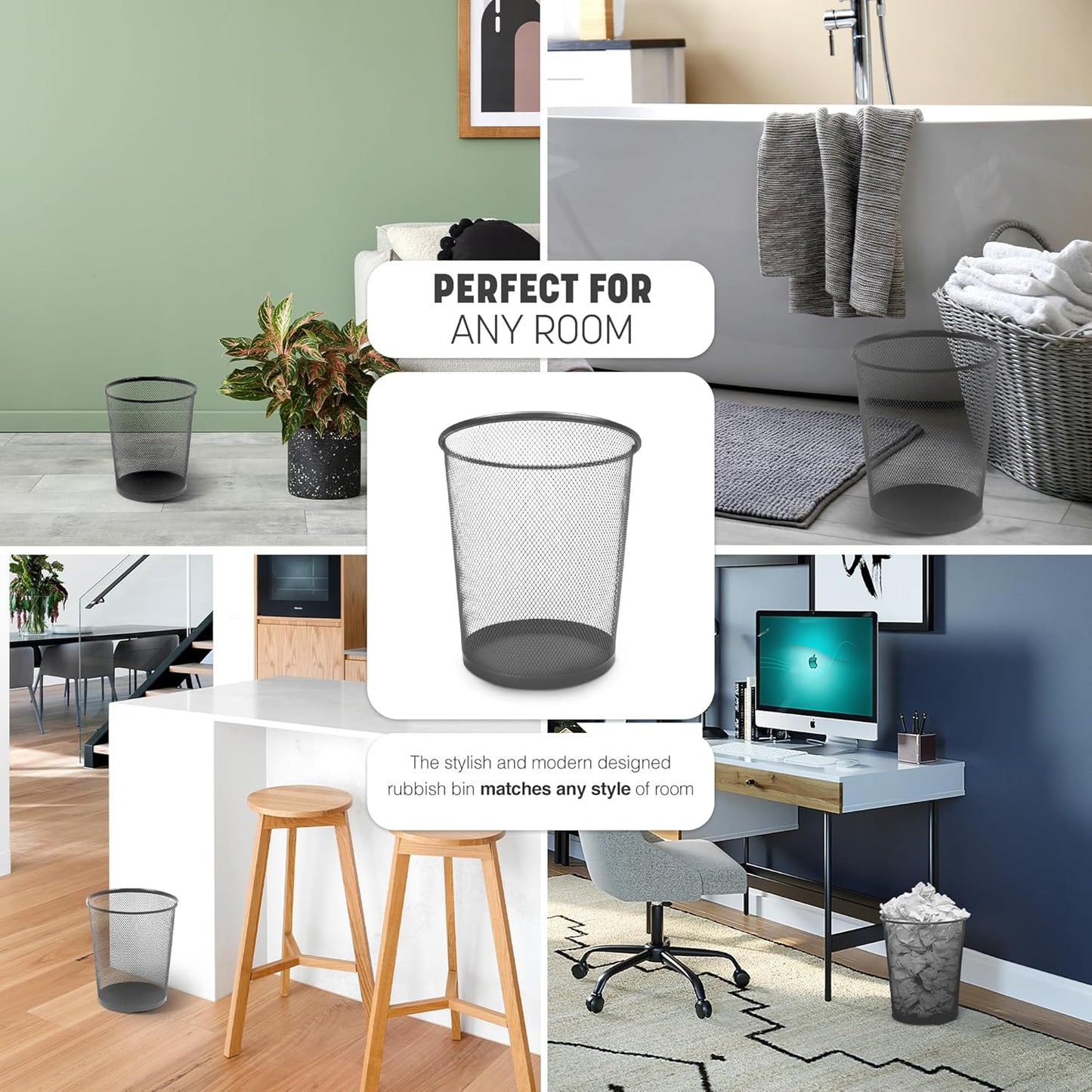 KEPLIN Round Trash Can Bin - 1 Pack Black Non-slip Mesh Bins | Waste Paper Bin