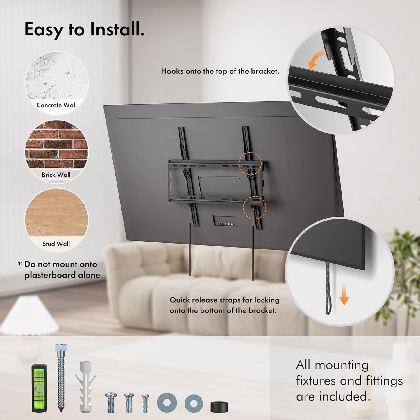 VonHaus TV Wall Bracket for 32-75" Screens, Ultra-Slim TV Bracket with Spirit Level