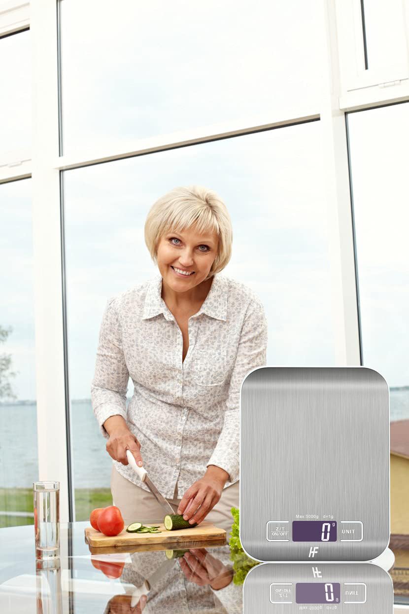 HomeFashion 5kg 1g 11lb Digital Kitchen Scales Food Scale with stainless steel Platform Electronic Cooking Backlit LCD Display Multifunction for Home and Office Use