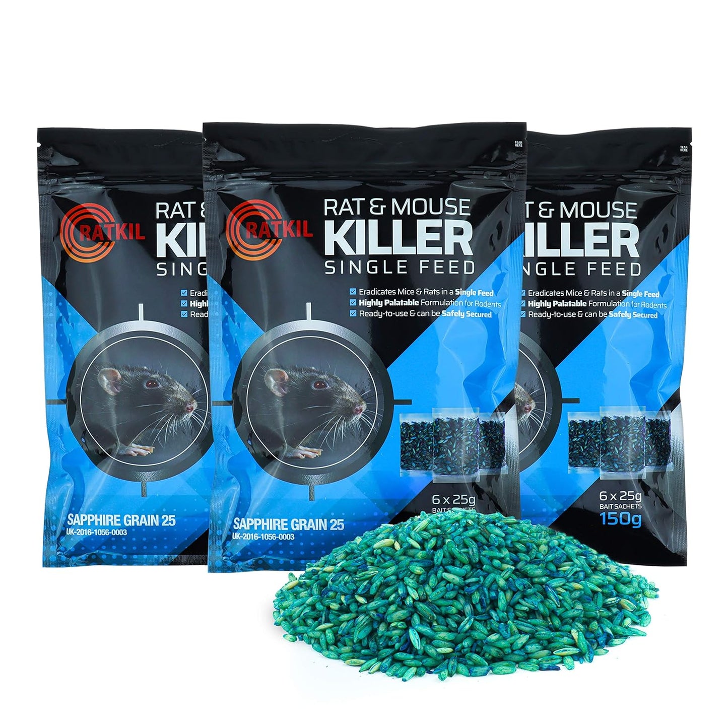 RatKil Rat Poison (6 x25g) Rat Bait & Mouse Poison Grain - Strongest Maximum Strength Rodent Killer