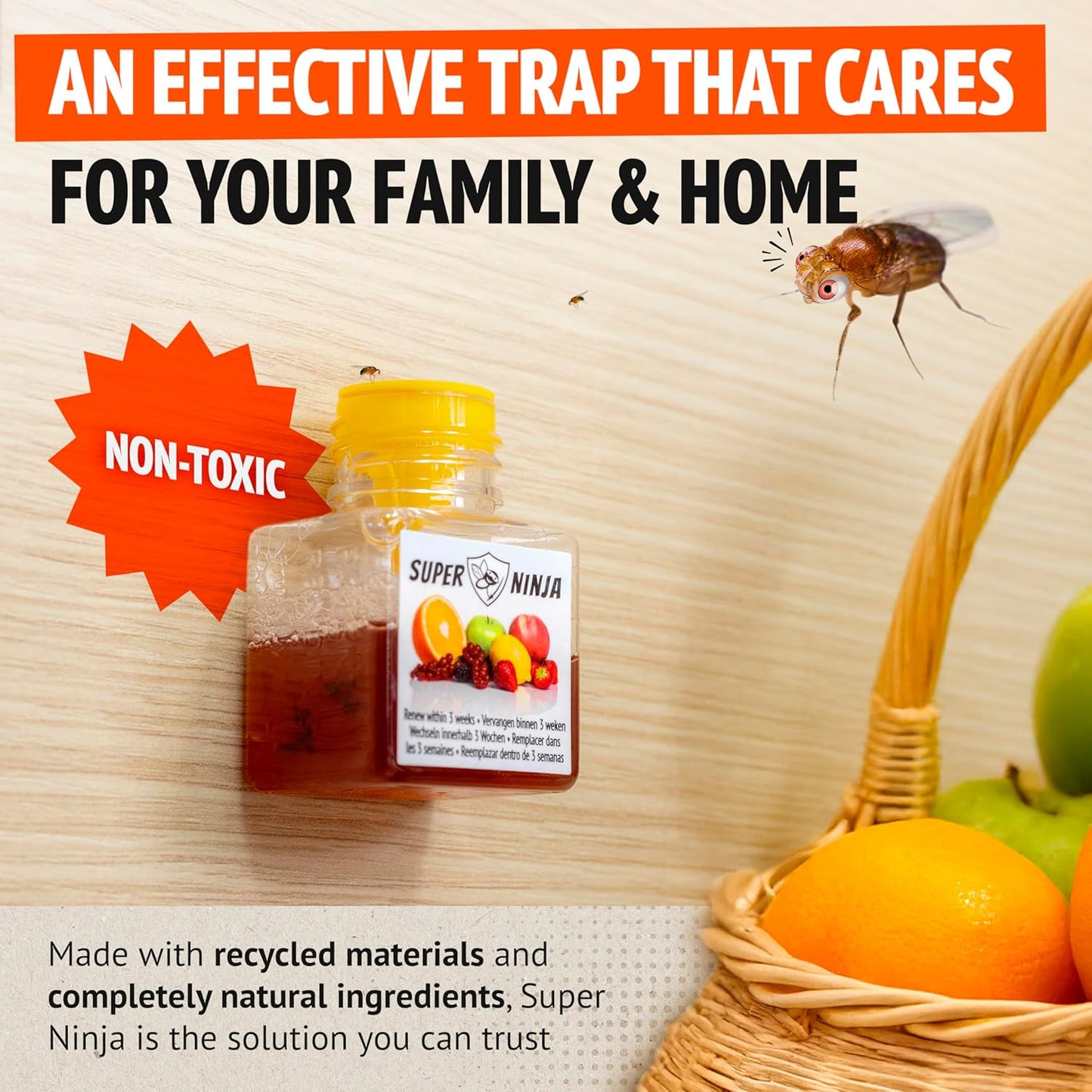 Super Ninja Fruit Fly Trap - 4 pack, Highly Effective Fruit Fly Killer for Home & Kitchen