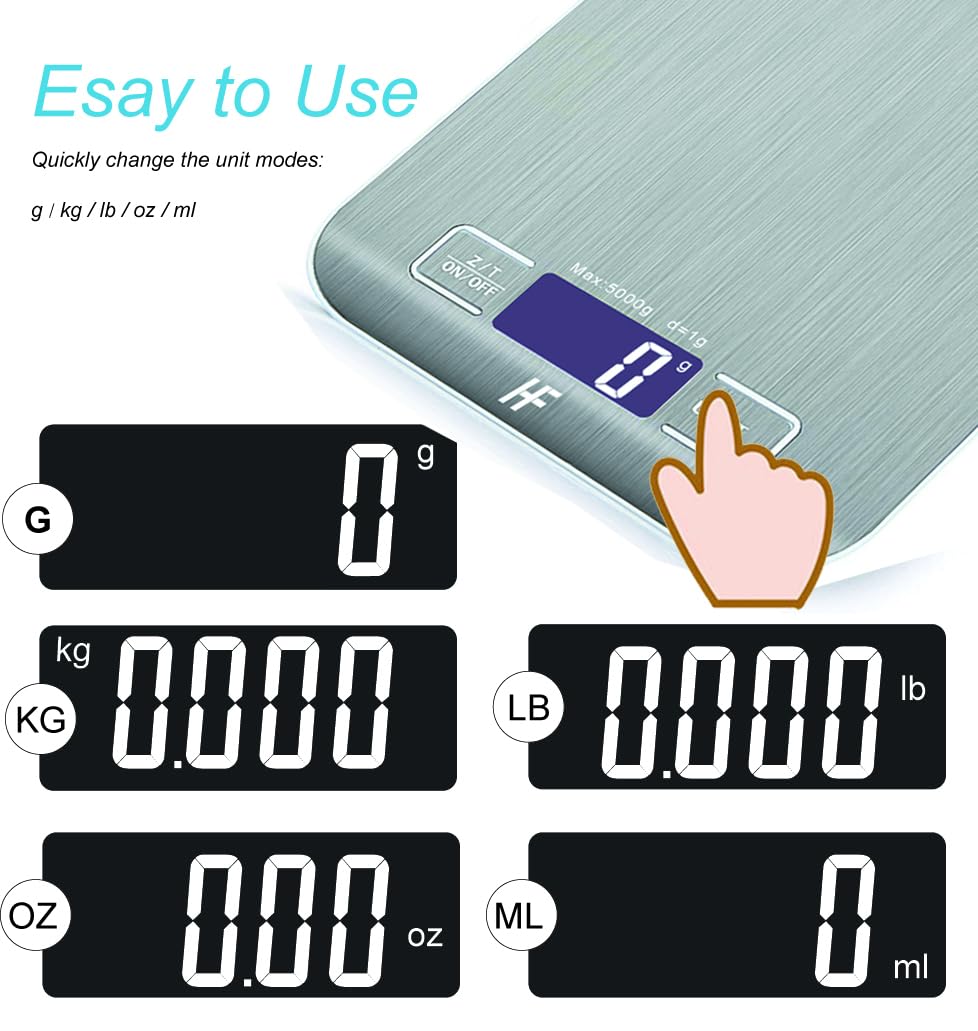 HomeFashion 5kg 1g 11lb Digital Kitchen Scales Food Scale with stainless steel Platform Electronic Cooking Backlit LCD Display Multifunction for Home and Office Use