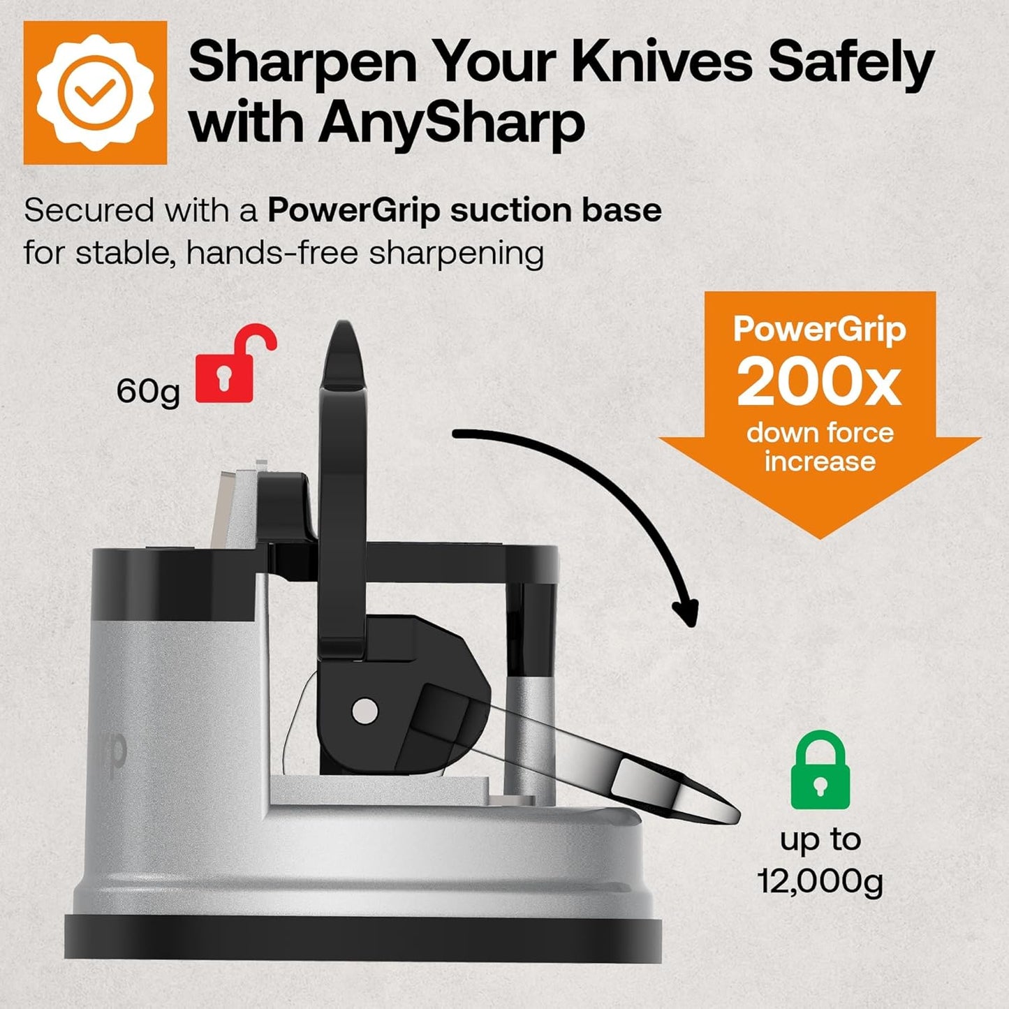 AnySharp Knife Sharpener, Hands-Free Safety, PowerGrip Suction, Safely Sharpens All Kitchen Knives