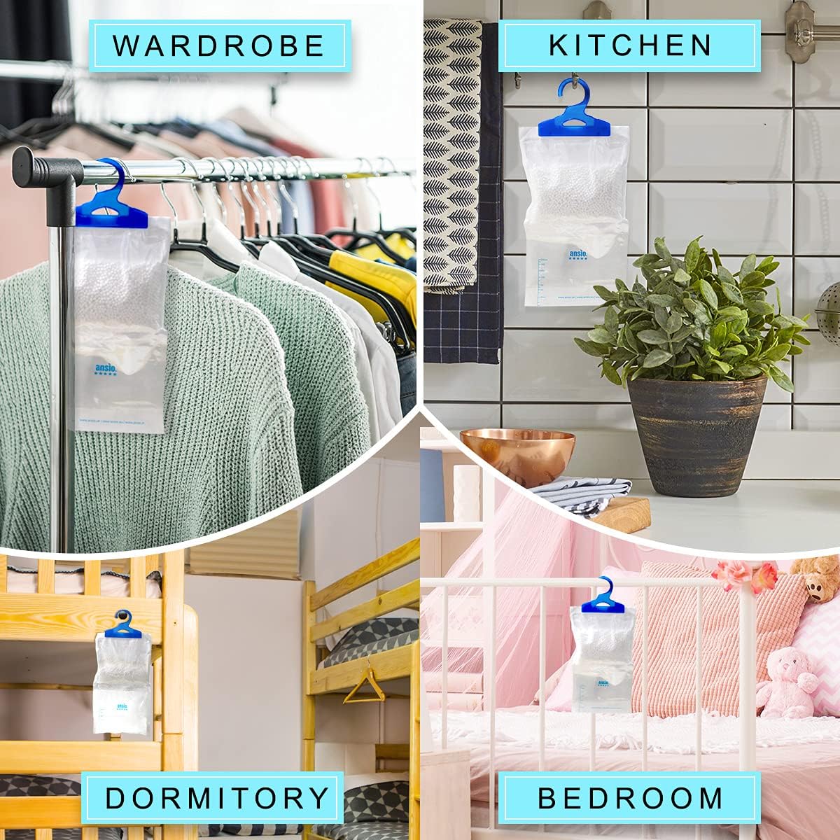 ANSIO Wardrobe Dehumidifier Hanging Bags Pack of 12 Moisture Absorbers, Trap, Condensation